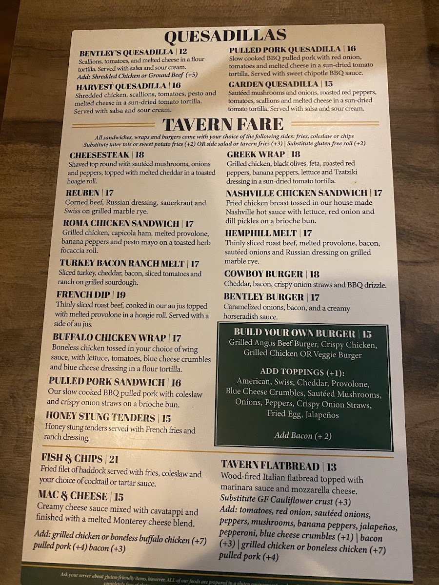 Bentley's Tavern Menu - Image 1